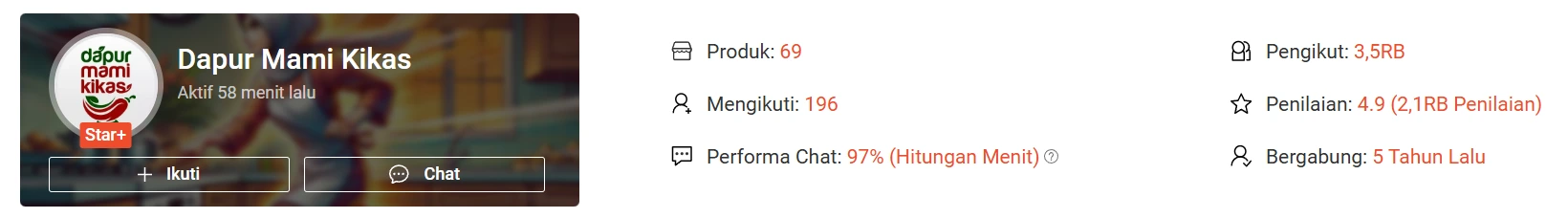 Halaman toko Dapur Mami Kikas di Shopee: 69 produk, 3,5RB pengikut, penilaian 4.9 dari 2,1RB penilaian, bergabung 5 tahun lalu